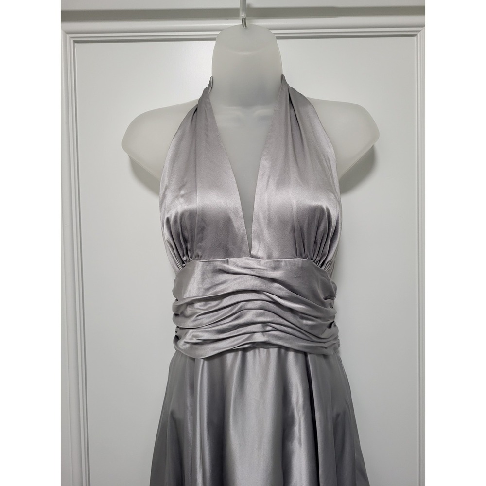 Vtg Cache Luxe Silver 100% Silk Halter Party Midi Dress Sz 10 - Picture 2 of 6